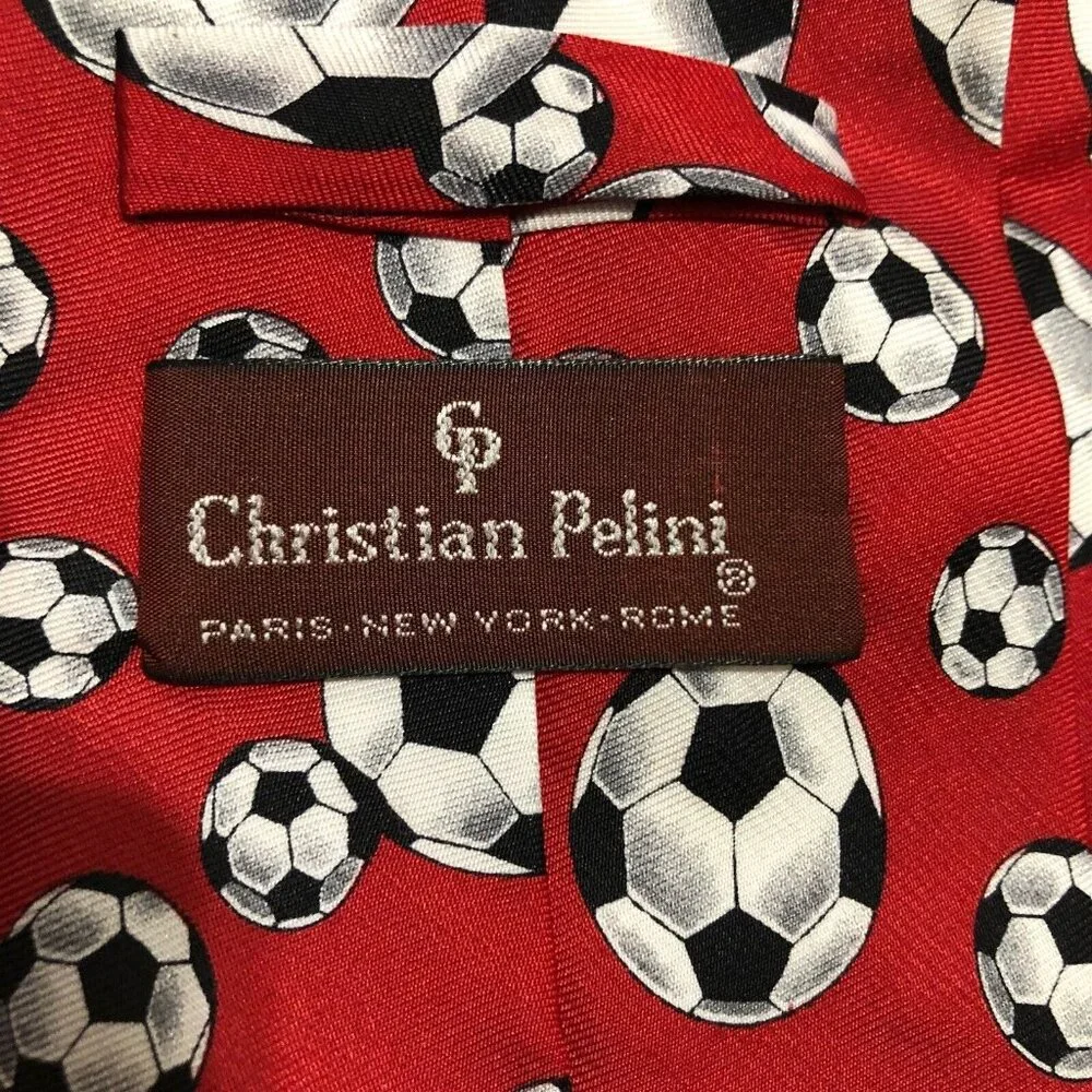 Christian Pelini Necktie Silk Mens Tie Soccer Ball Red Color Pop Sports Tie